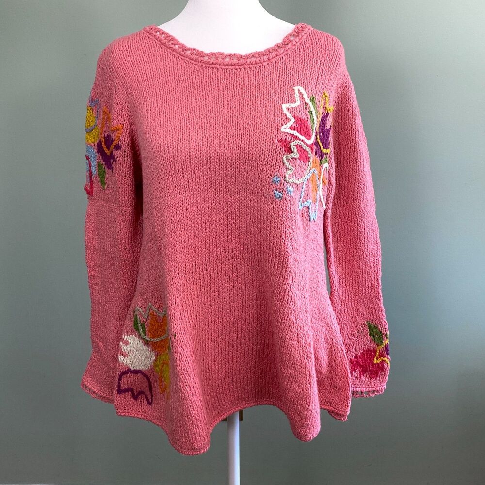 Amano Floral Sweater Womens S/M Pink Cotton Knit Embroidered Crochet Trim Boho